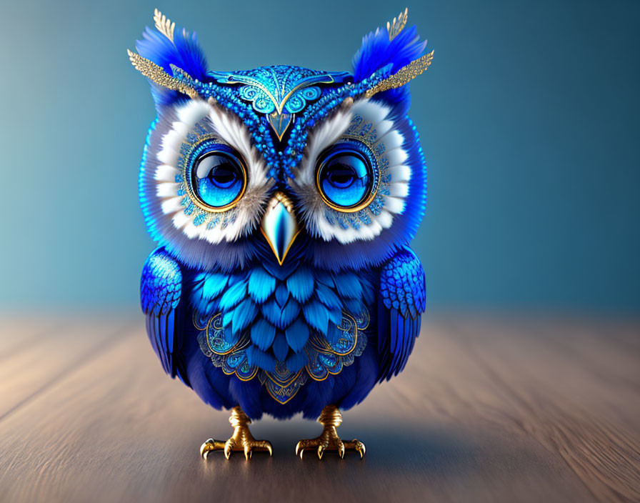 Colorful digital artwork of a whimsical blue owl with intricate gold and white patterns