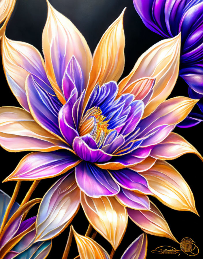 Colorful Stylized Flower Painting with Purple, Blue, and Gold Petals