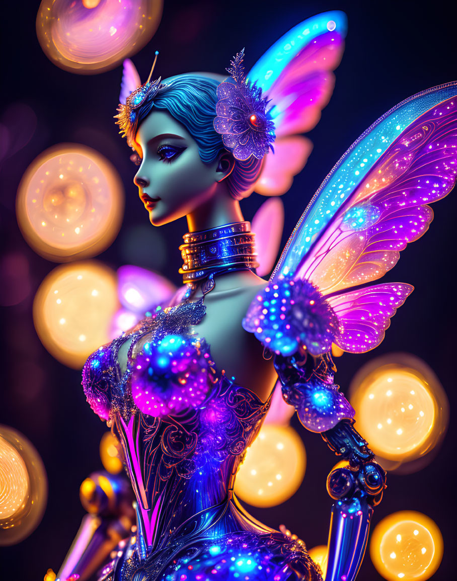 Blue ethereal female figure with fairy-like wings and glowing orbs.