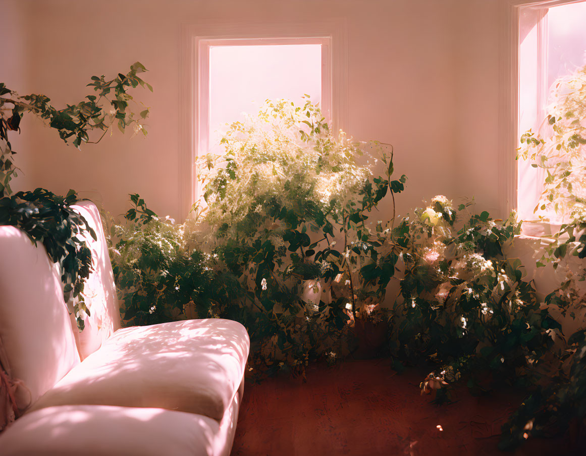 Sunlit Room with Green Plants, White Sofa, Hardwood Floor