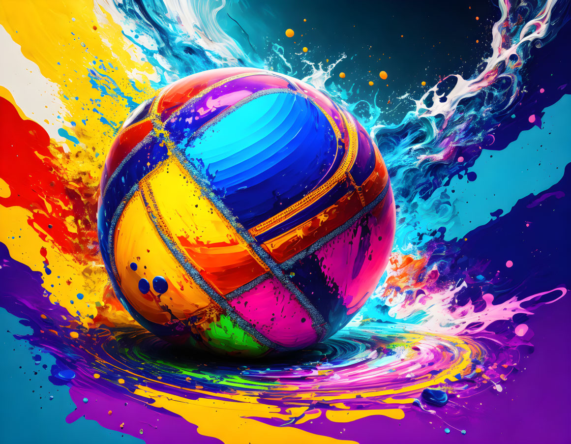 Colorful beach ball on dynamic water splash with rainbow paints on vivid backdrop