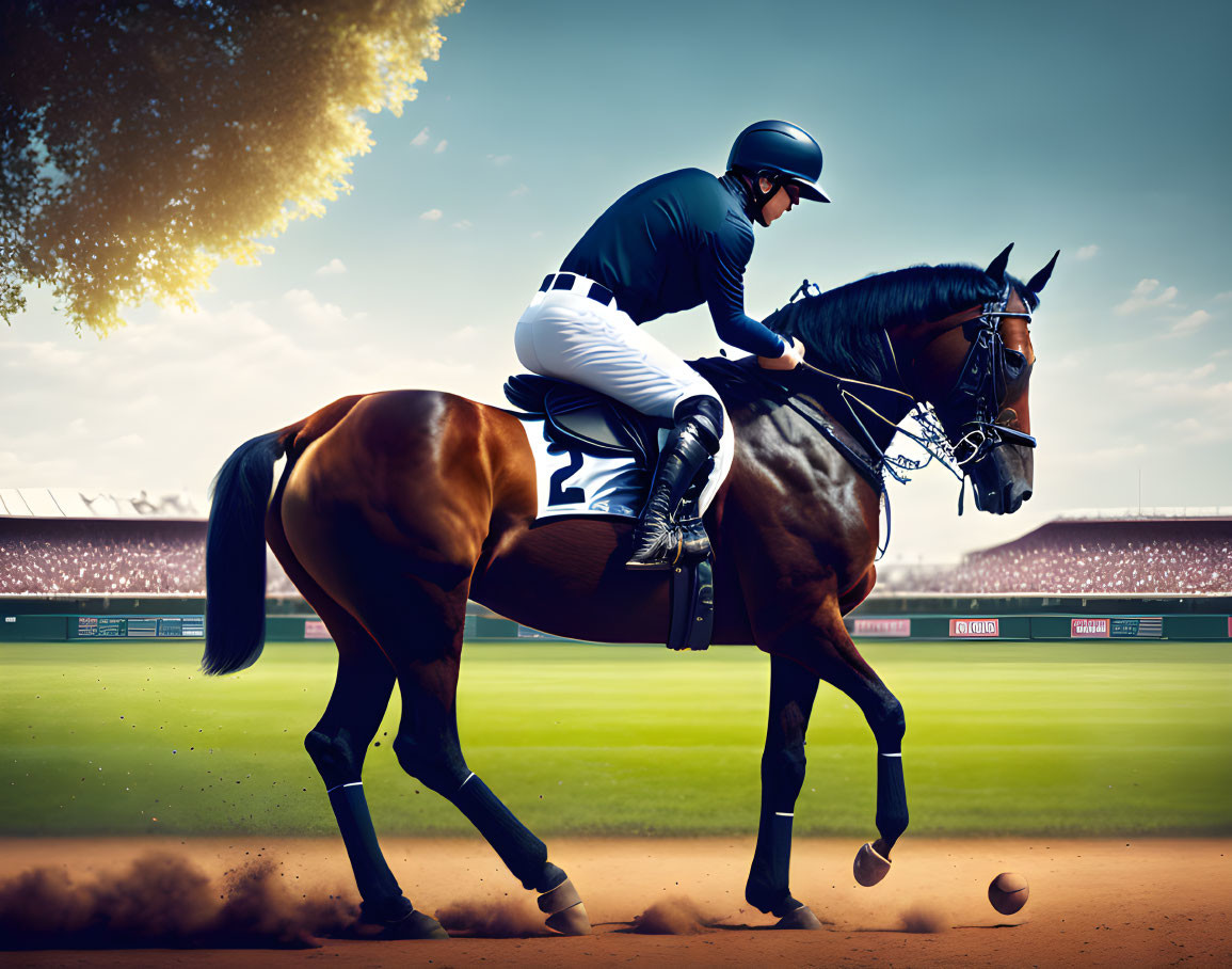 Baseball player on horseback in stadium playing baseball