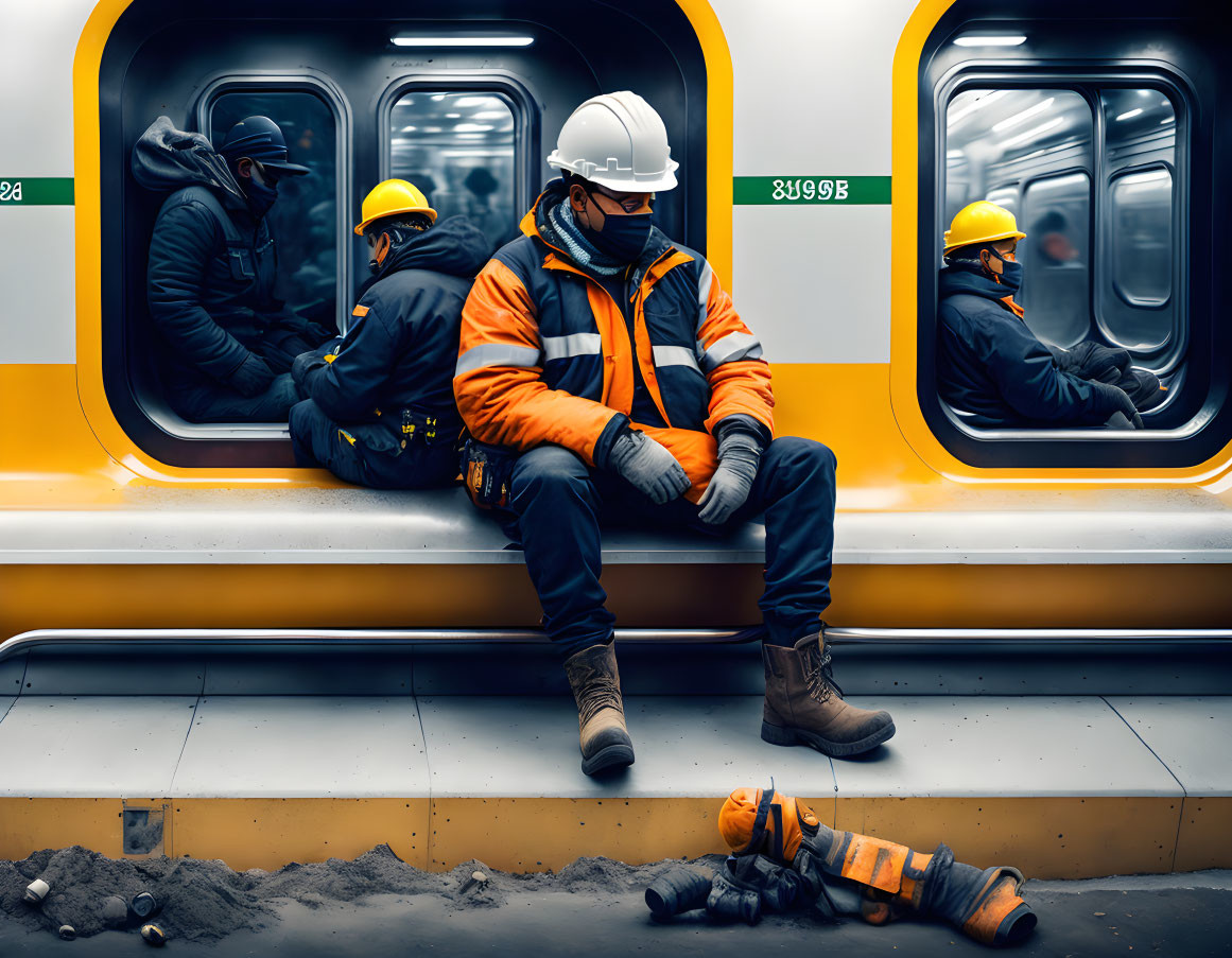 Three workers in high-visibility clothing taking a break in a subway car with scattered dirt and work equipment