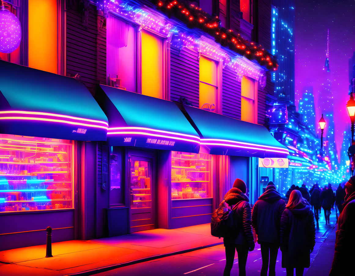 Colorful Night Street Scene with Neon Lights and Pedestrians