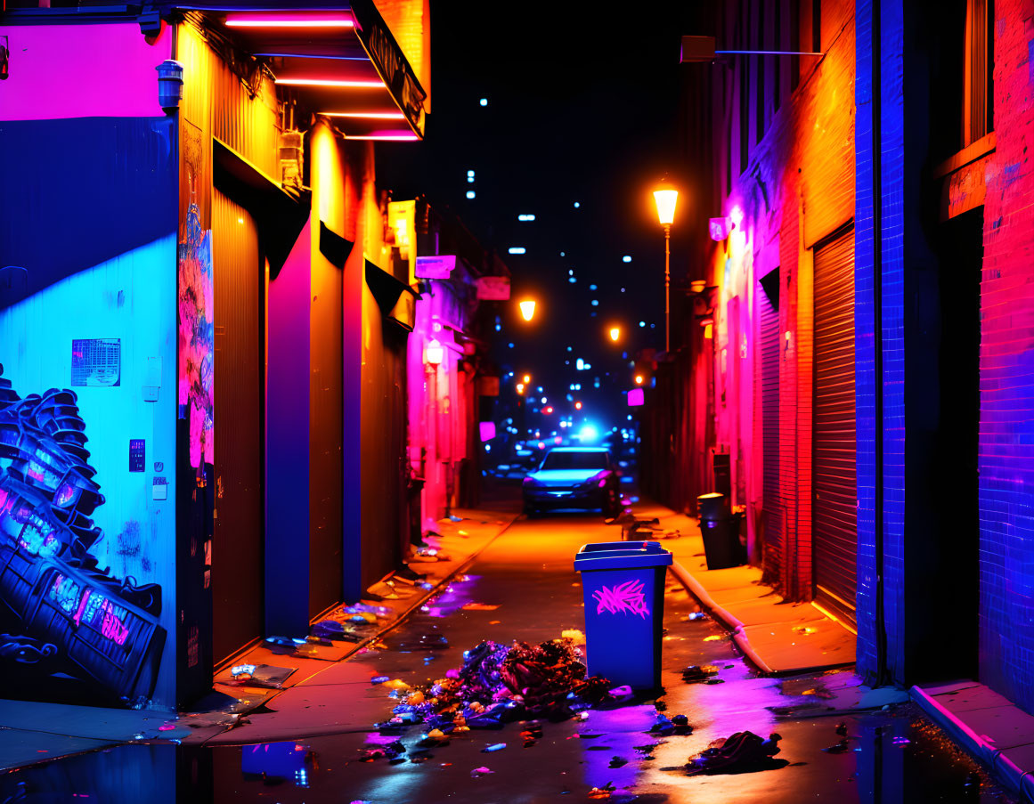 Neon-lit alley at night with litter and wet pavements