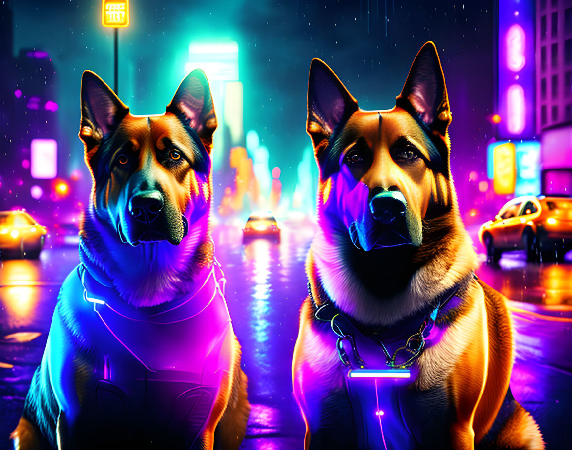 Two German Shepherds in futuristic collars in neon-lit cityscape