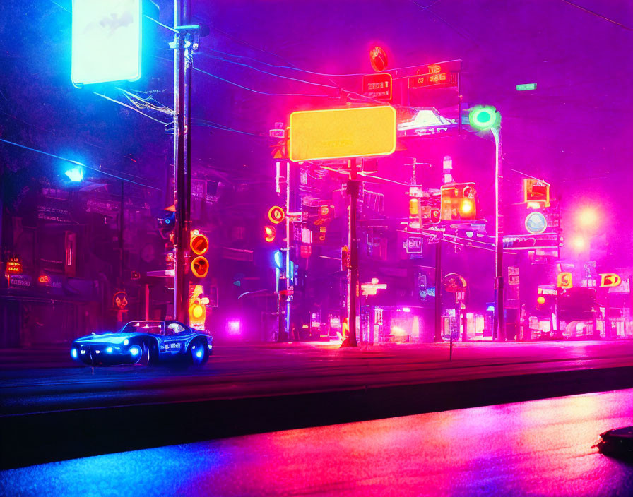 Vibrant pink and blue neon-lit city street at night with traffic lights and a car.