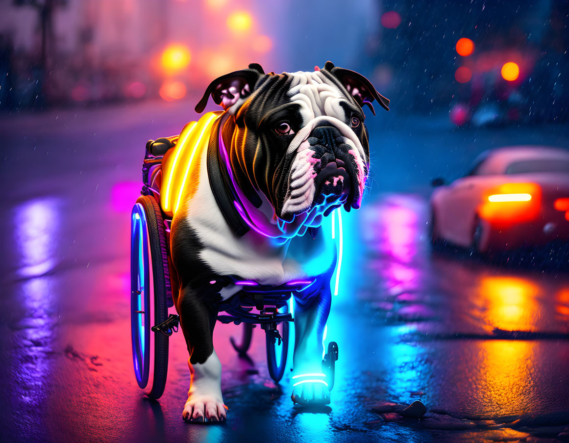 Disabled bulldog in neon-lit wheelchair on wet city street