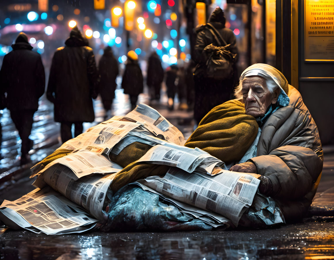 Elderly person sitting on sidewalk at night with city lights and pedestrians.