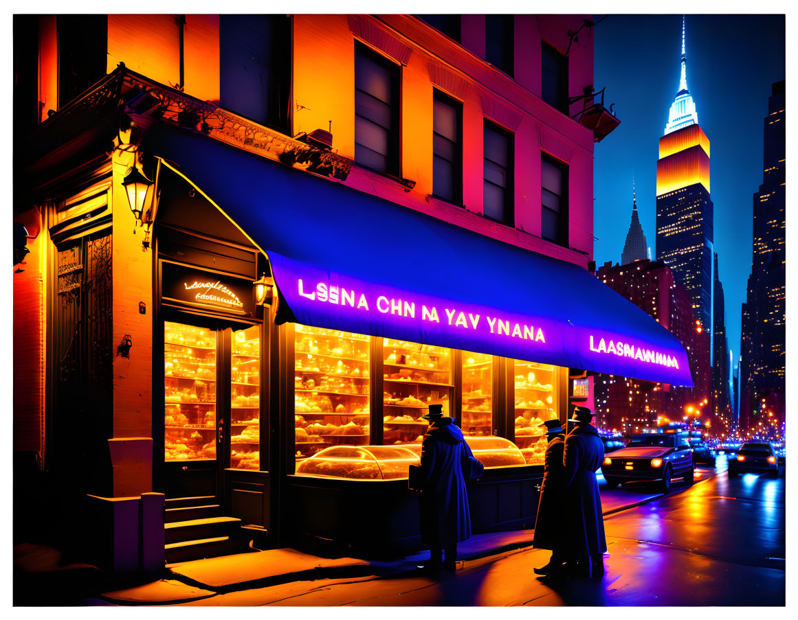 Night scene with illuminated bakery and Empire State Building view.