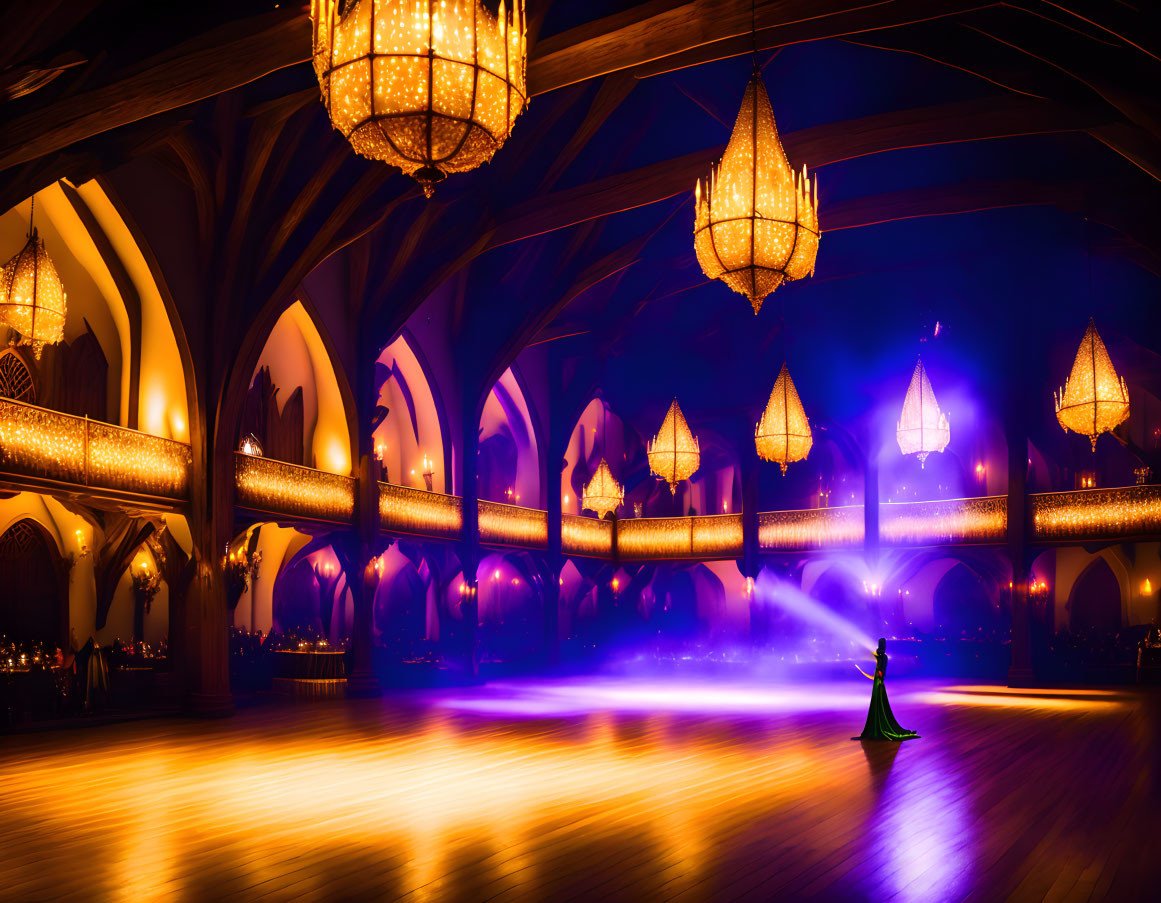 Elegant ballroom with wooden floors, grand arches, and glowing chandeliers in a mystical