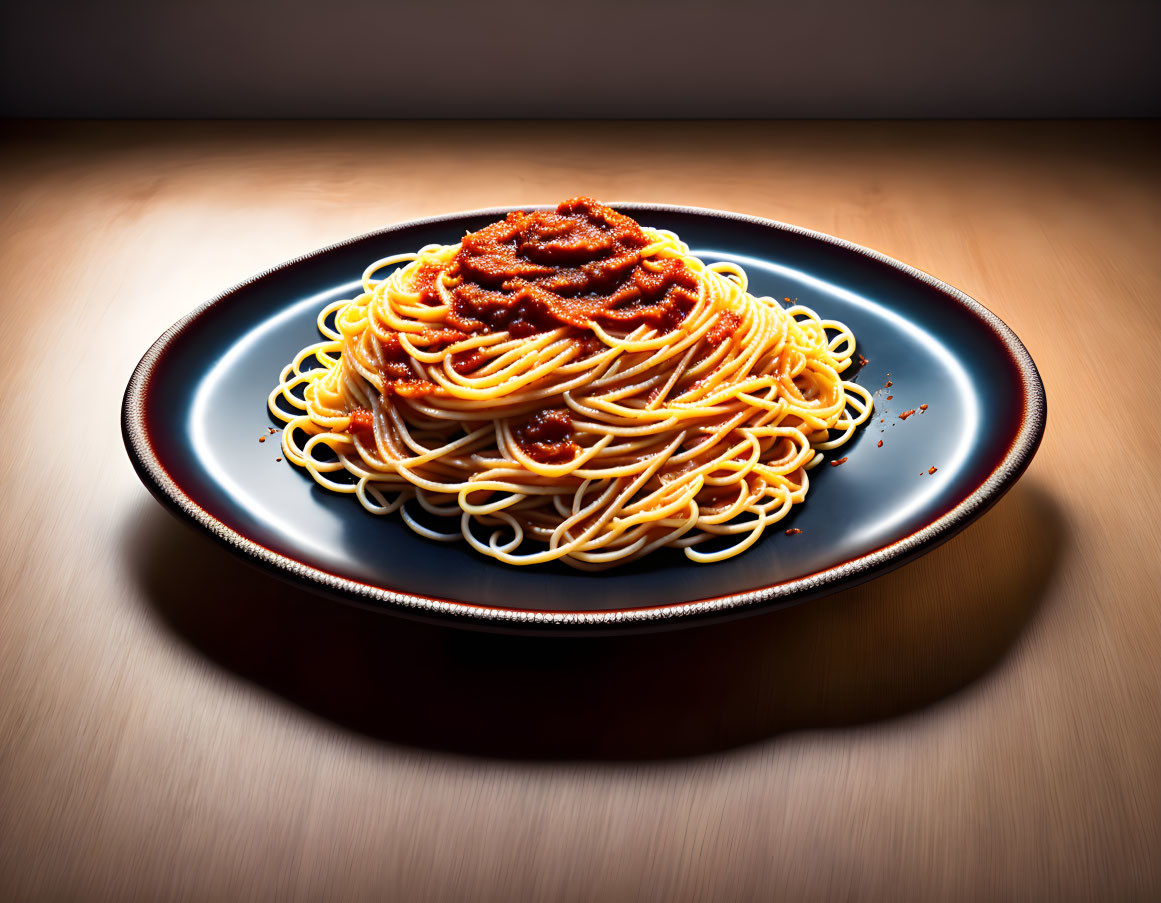 Plate of spaghetti with tomato sauce on wooden table.