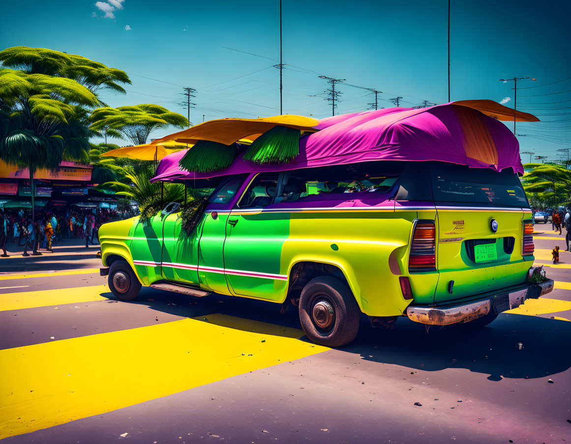 Vibrant Green and Yellow Pickup Truck with Purple Roof on Yellow Crosswalk