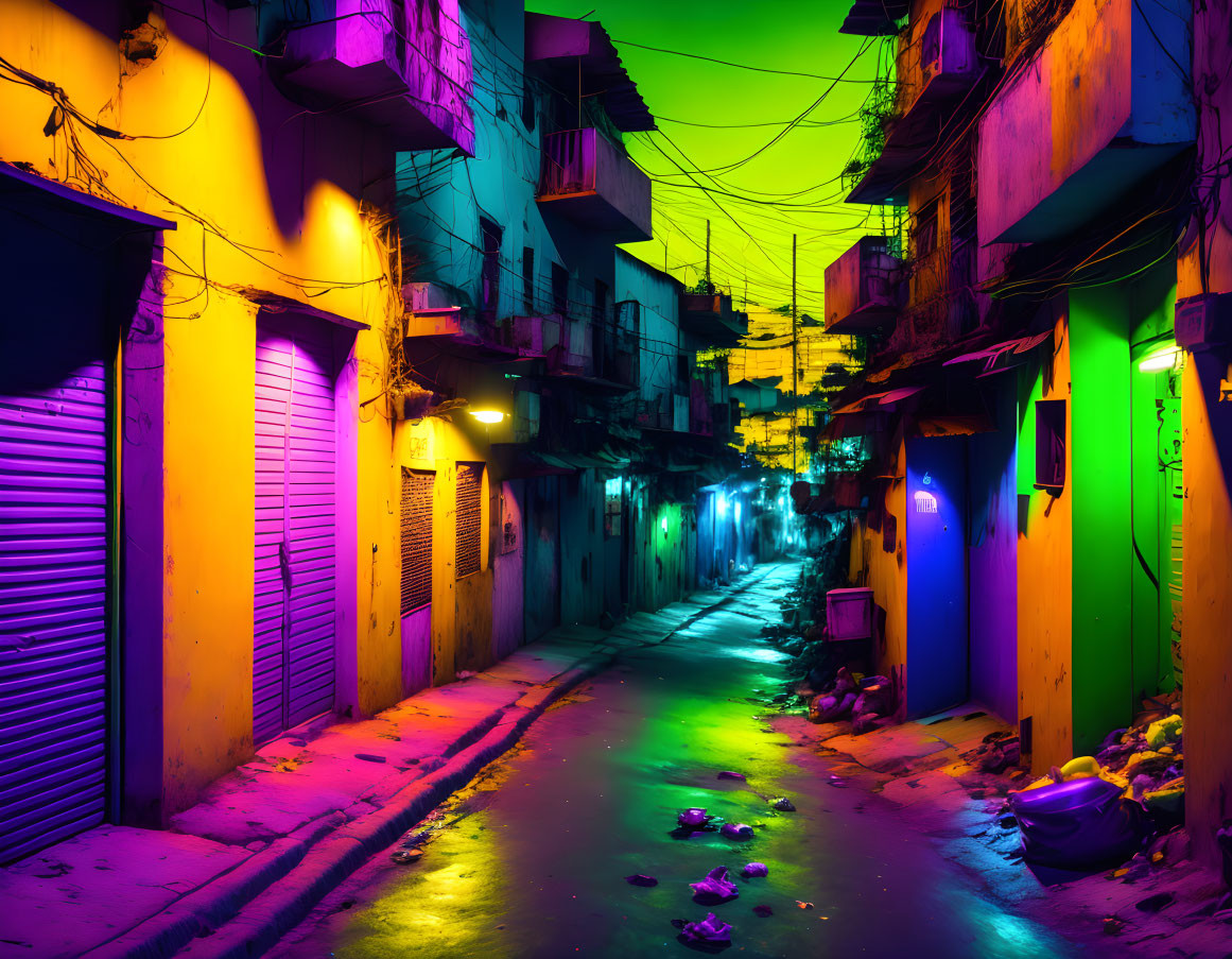 Colorful night alley with neon lights reflecting on wet street