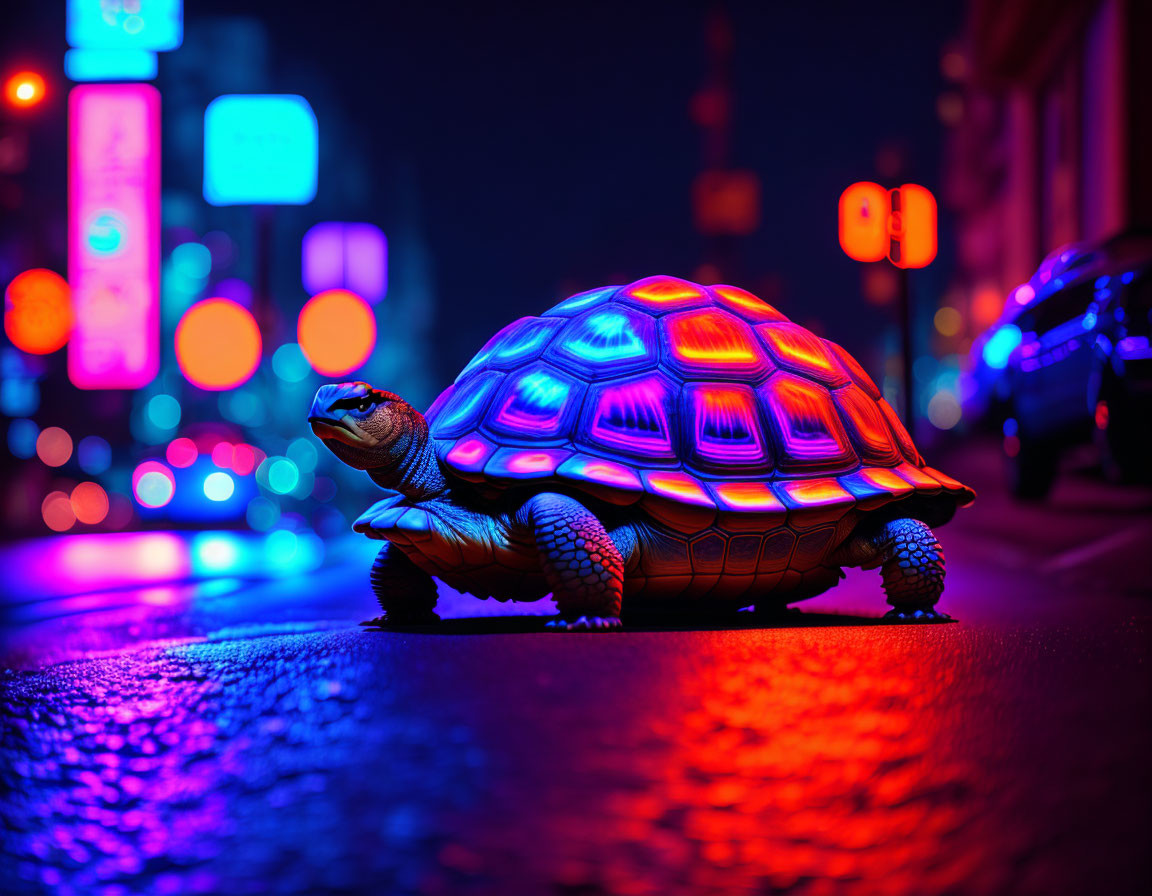 Urban night scene: Tortoise under neon lights with city backdrop.