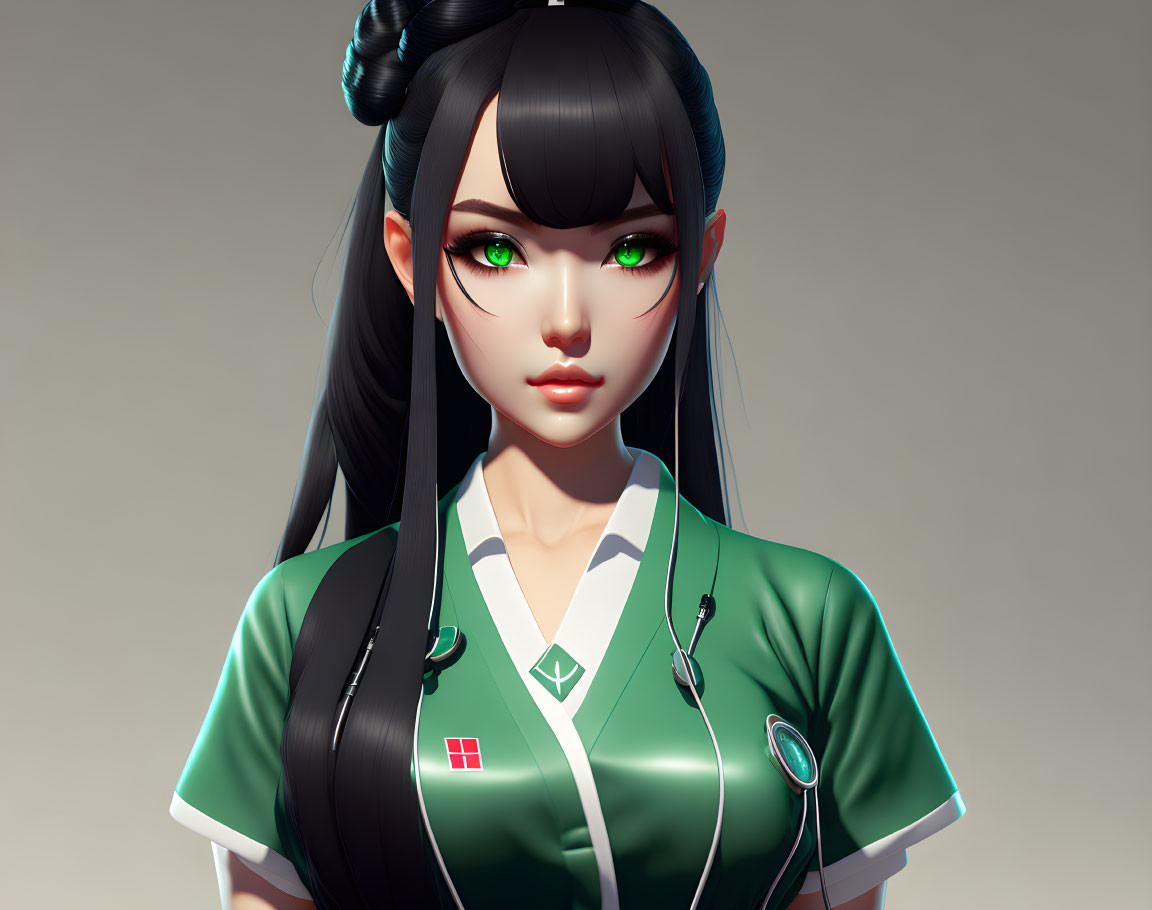 Female character with black hair and green eyes in nurse uniform - 3D-rendered image