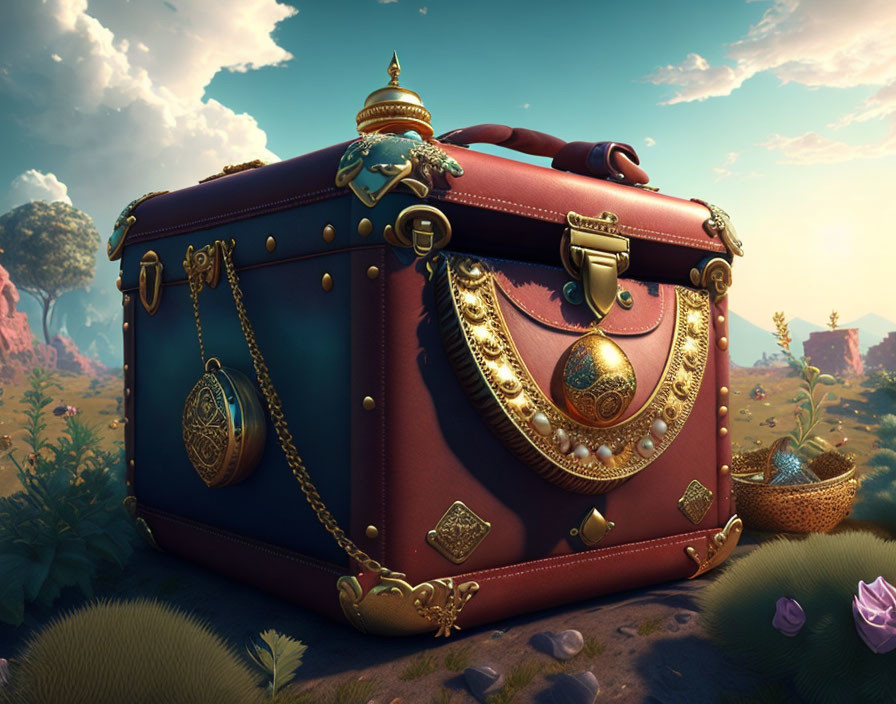 Vintage Suitcase with Gold Trimmings in Mystical Landscape