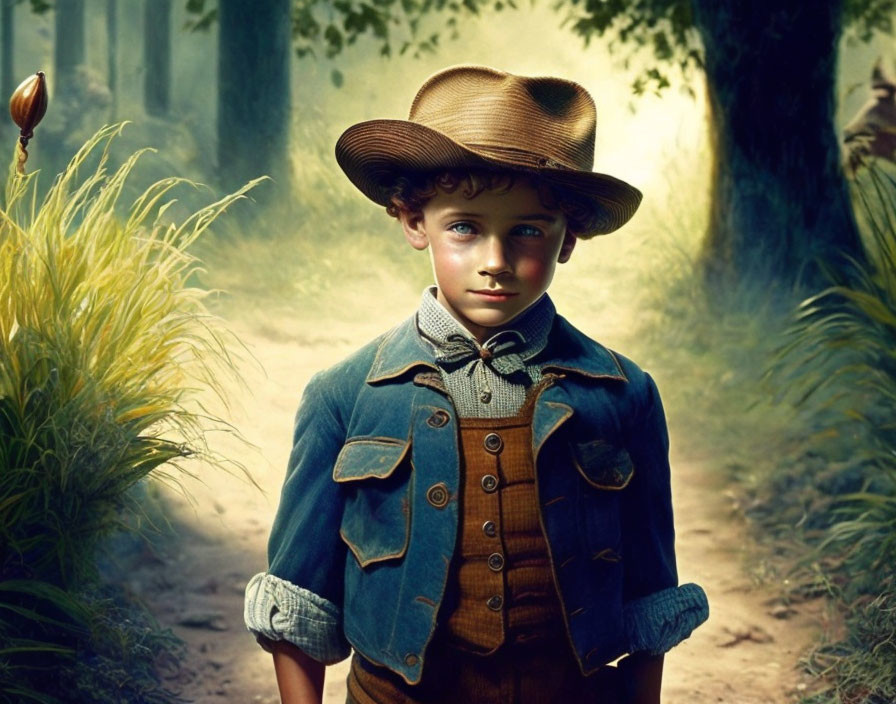 Young boy in hat and denim jacket in sunlit forest clearing