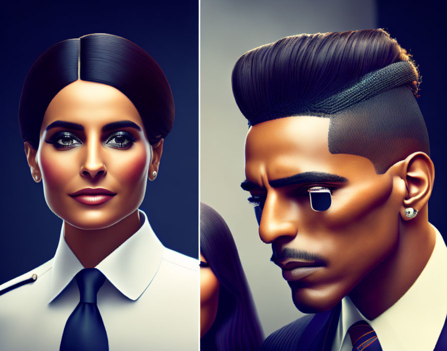 Stylized digital art of professional woman and man in sleek attire