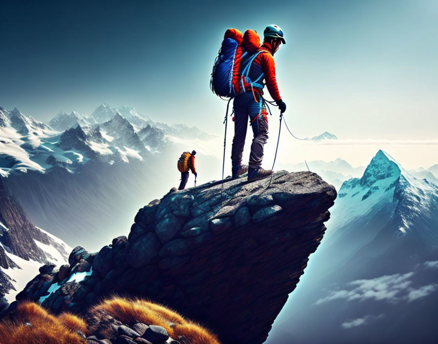 Climbers in bright gear on mountain ledge with snowy peaks.