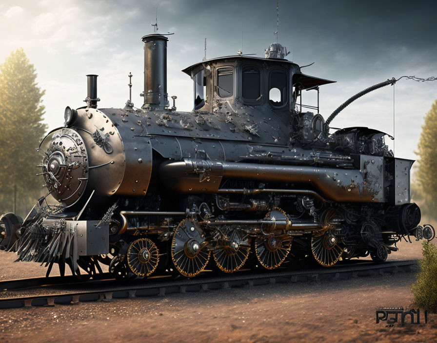 Detailed black steam locomotive on tracks with polished metal surfaces and mechanical components against a nature backdrop.