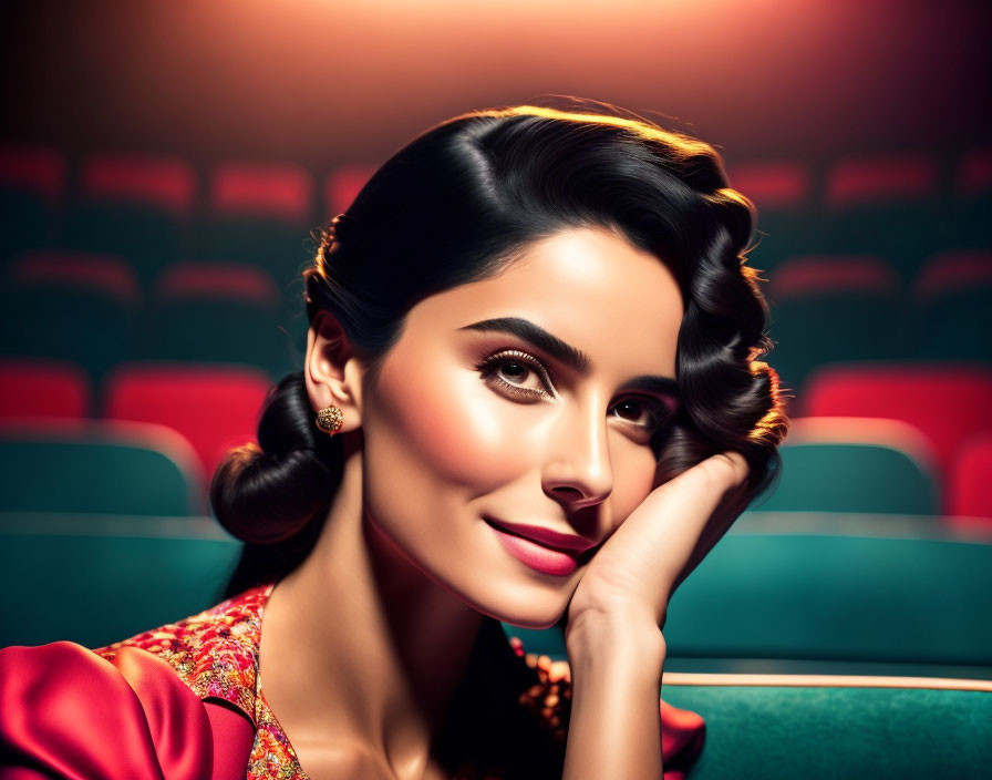 Retro-styled woman in red outfit posing in theater setting