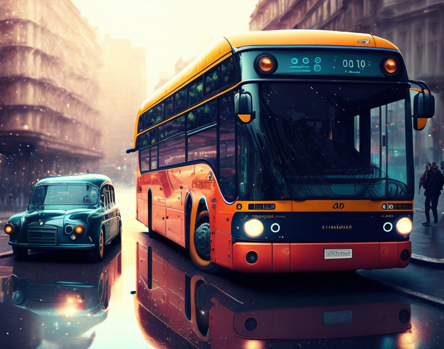 Futuristic orange bus and classic car on glossy street with cityscape backdrop