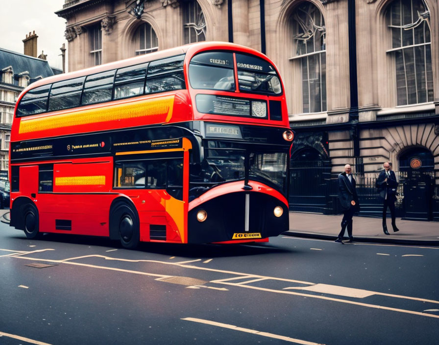 Urban scene with red double-decker bus, pedestrians, and classic architecture