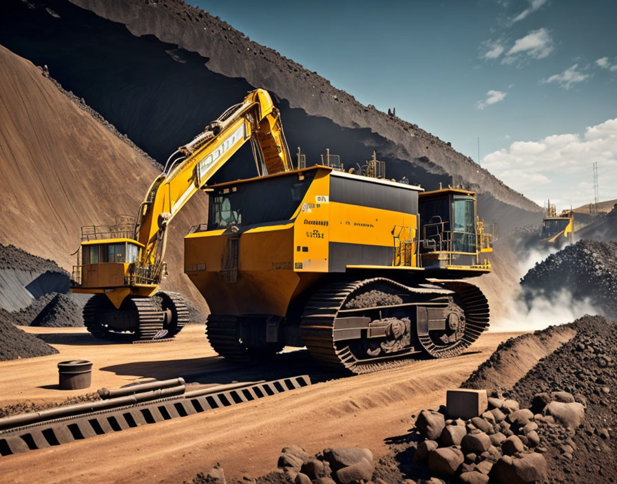 Yellow mining excavator loading material into large dump truck in open-pit mine