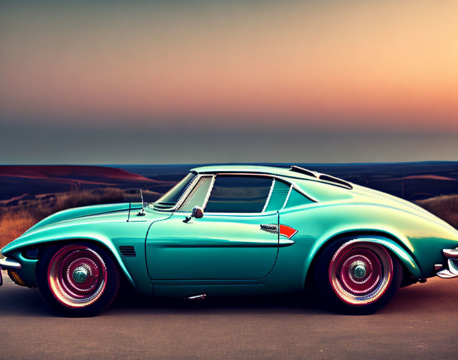 Vintage Teal Sports Car with Red-Rimmed Wheels Against Sunset Horizon