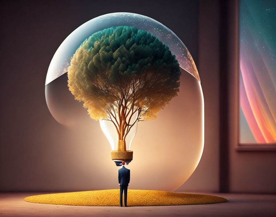 Person standing by oversized lightbulb with tree, cosmic aurora backdrop.