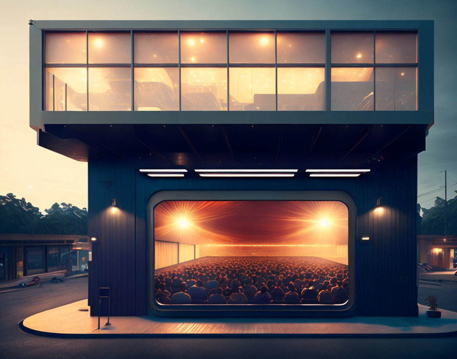 Contemporary two-story building with upper office and lower outdoor cinema illuminated at dusk.