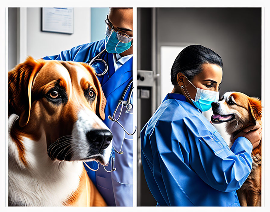 Split image: Concerned dog next to vet in mask comforting another dog.