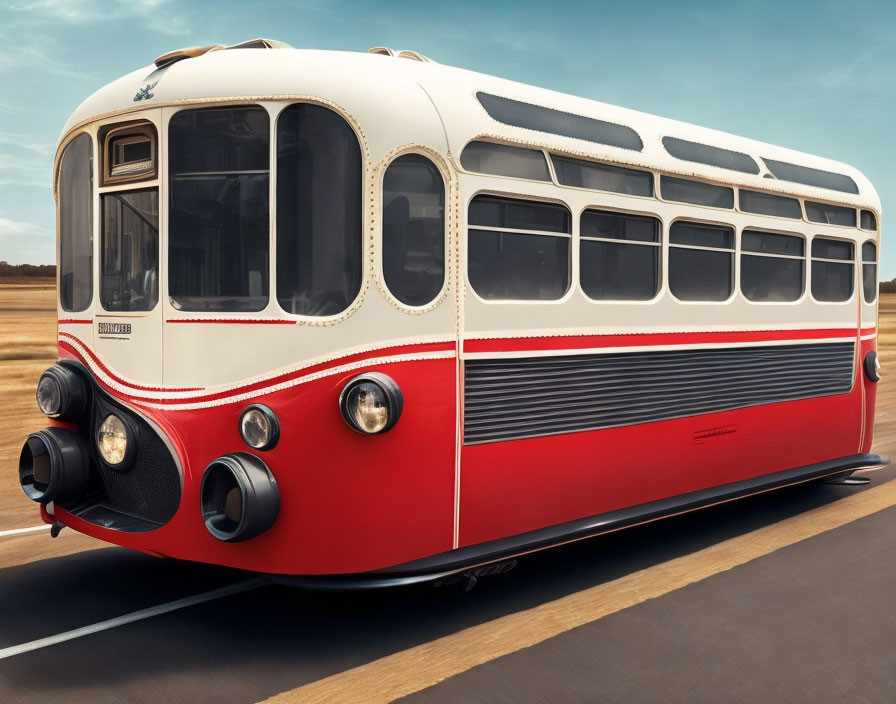 Classic Red and White Streamline Bus on Road with Clear Sky