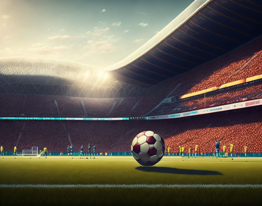 Soccer ball on stadium pitch with spectators and shadows