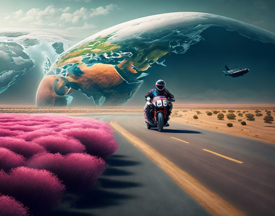 Motorcyclist racing on desert road with surreal Earth and airplane in background