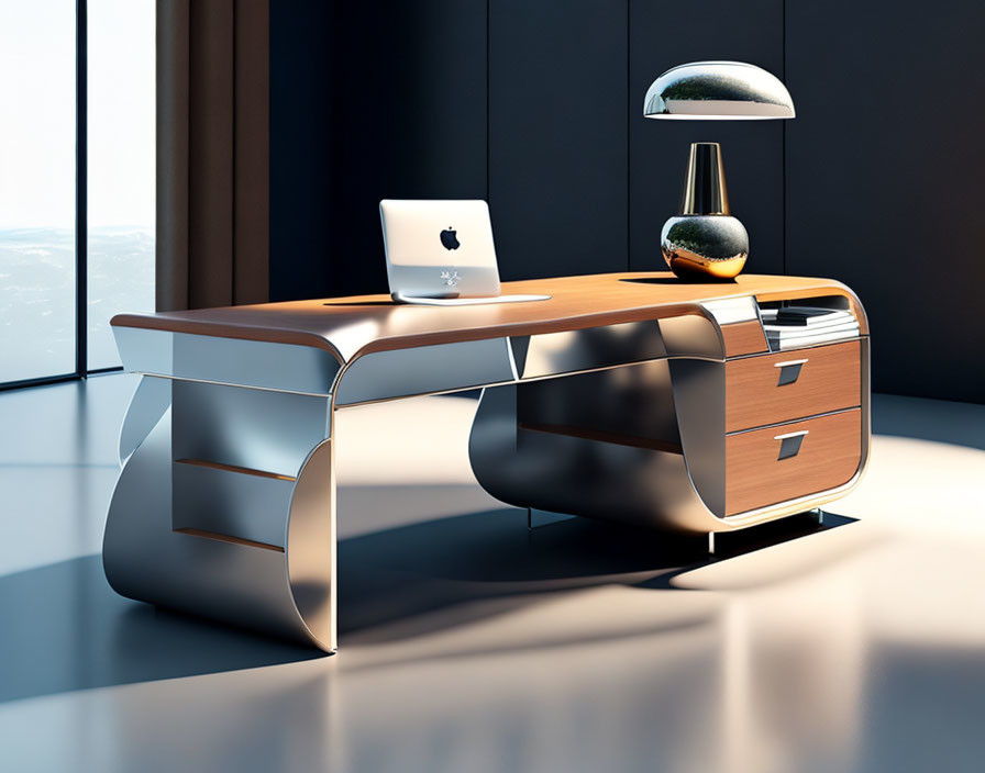 Sleek curved wooden desk with MacBook, vase, lamp, against dark wall & city view