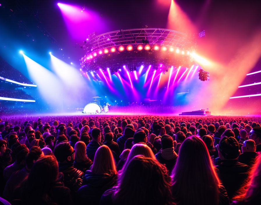 Crowd watching vibrant concert stage with purple and blue lights