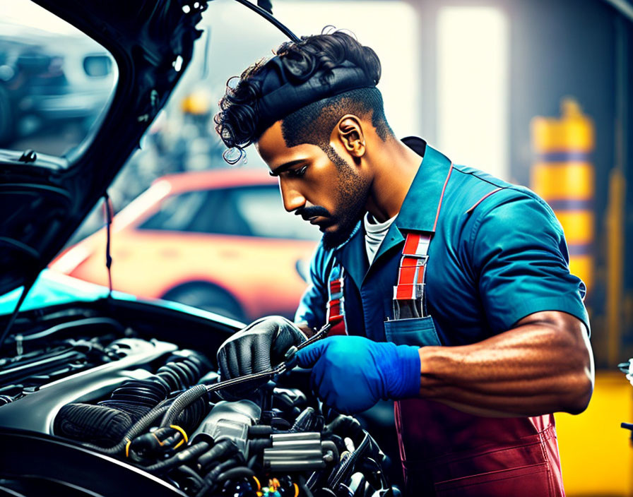 Mechanic with headlamp working on car engine with blurred background.