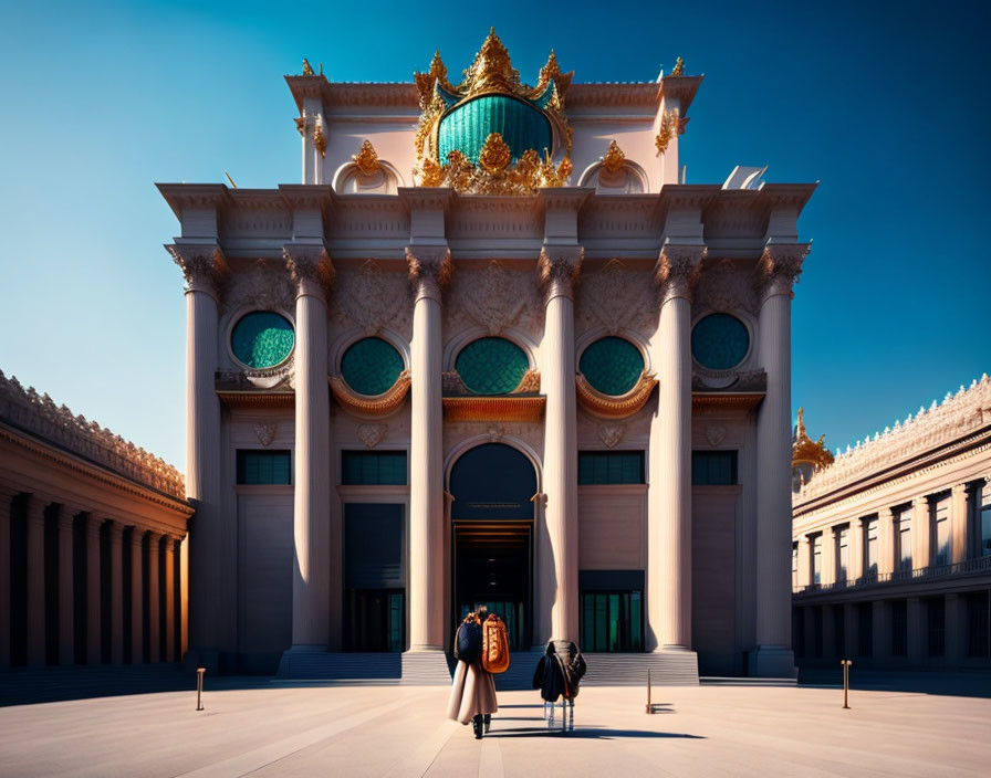 Opulent building with grand entrance and golden ornament under clear blue sky