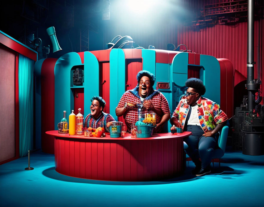 Three people laughing at retro diner bar counter in colorful outfits