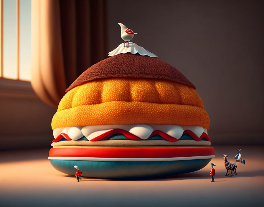 Giant burger illustration with seagull and tiny people horse viewing scene