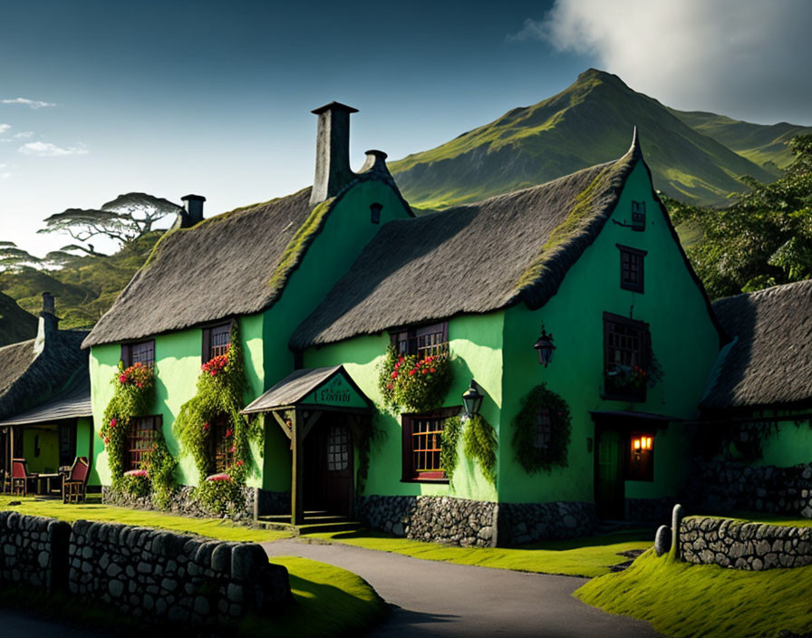 Green-thatched cottages with red flowers in serene village setting