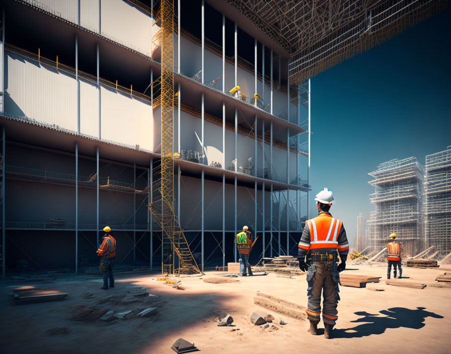 Construction workers observe multi-story building under construction on clear day