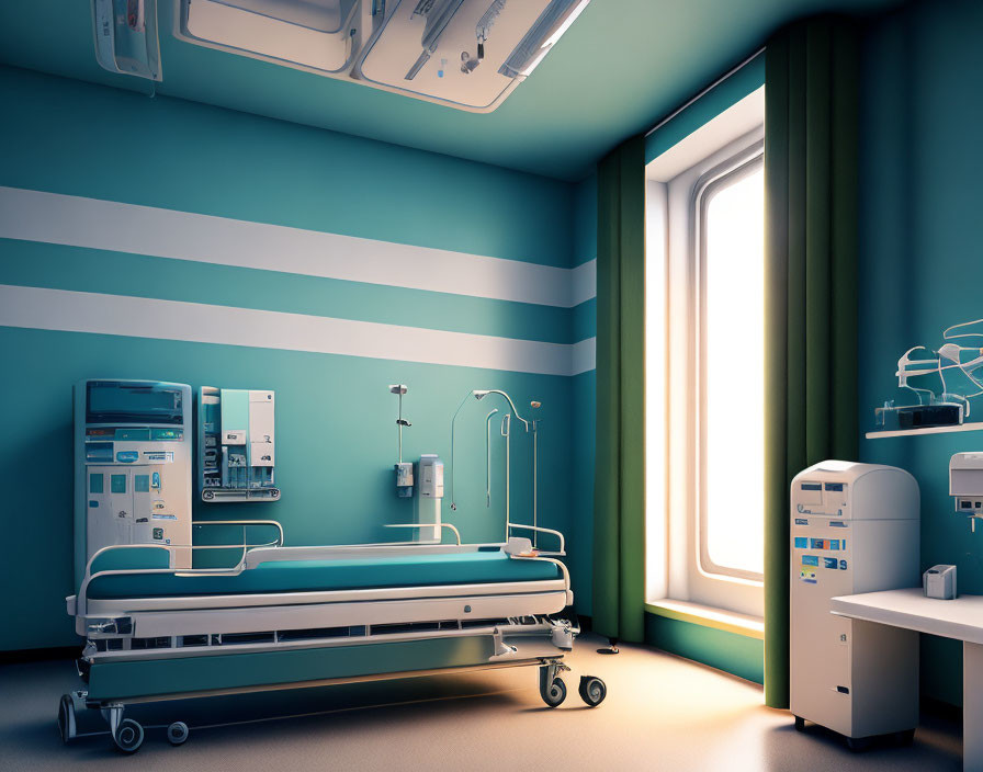 Hospital room with bed, medical equipment, teal walls, window, and green curtain