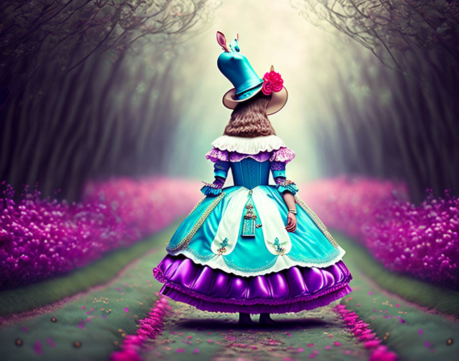 Character in Blue and Purple Victorian Dress with Cake Hat Walking in Mystical Forest