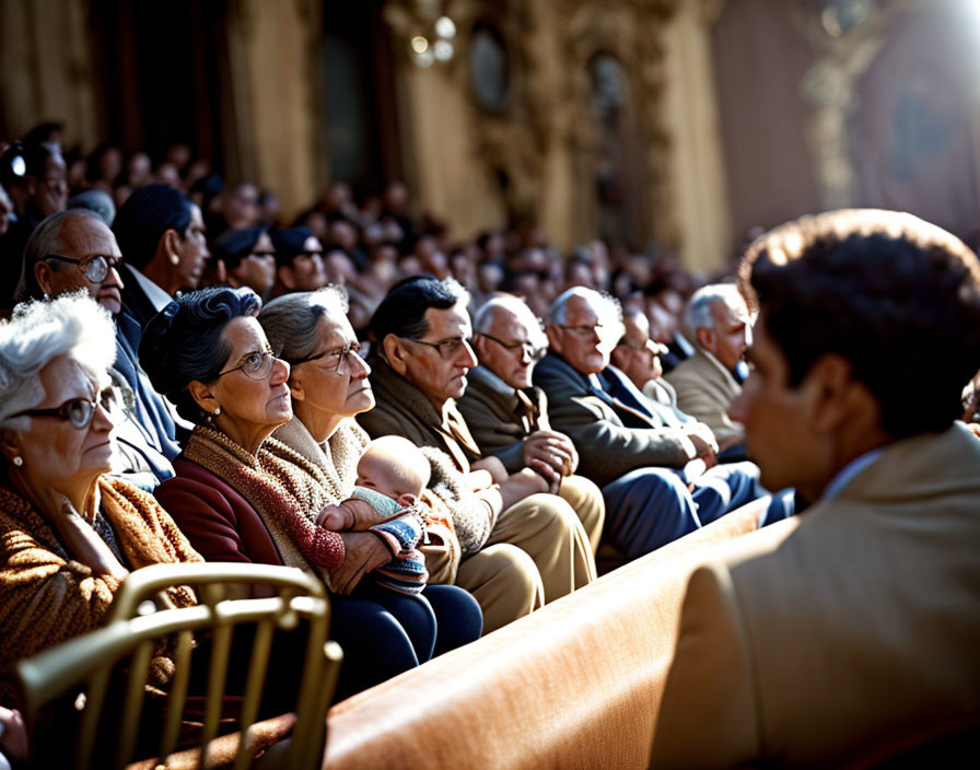 Elderly congregation in church with woman holding baby under warm sunlight