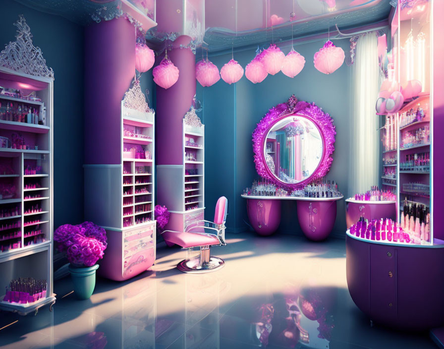 Pink and Purple Themed Makeup Room with Ornate Mirror and Beauty Products