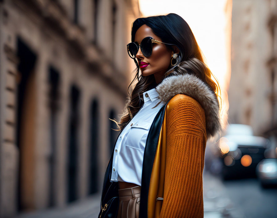 Fashionable woman in sunglasses and mustard fur-collar coat strolling city street at golden hour