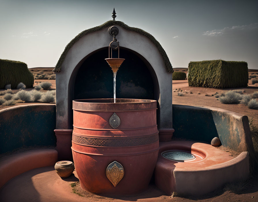 Desert landscape with traditional earthen water storage pot